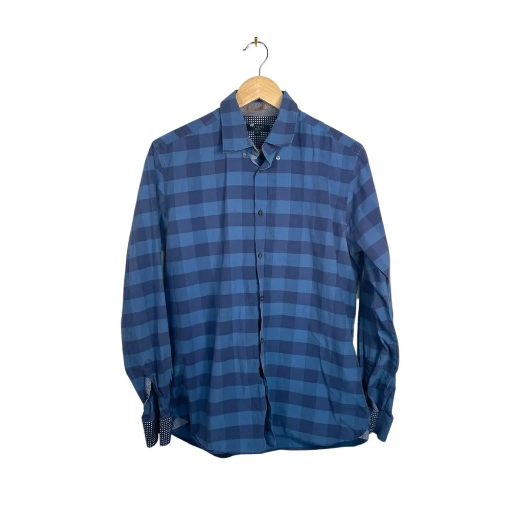 Ted Baker Men’s Check Collared Button Down Shirt in Blue Size 4 (L)